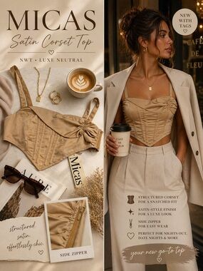 Micas Satin Corset Top Tan NWT Side Zip Structured Bustier